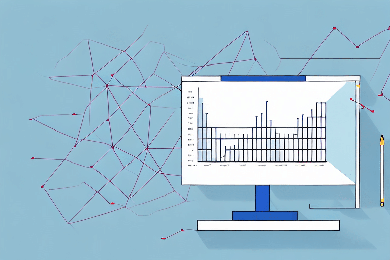A computer monitor displays a complex graph with numerical data and bars, showcasing operational optimization against a blue background. Red nodes and lines form an abstract network pattern to the left. A pencil is placed to the right of the monitor.