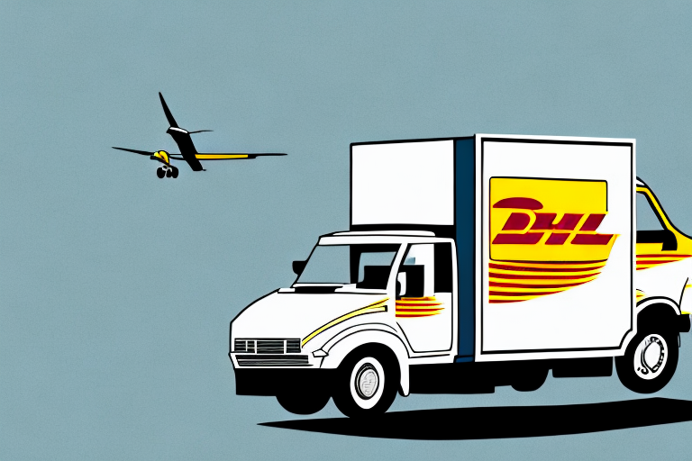 Illustration of a delivery van and a small flying drone, both branded with the DHL logo, set against a plain blue background. The van is in the foreground, showcasing DHLs innovative shipping services, while the drone hovers in the upper left corner.