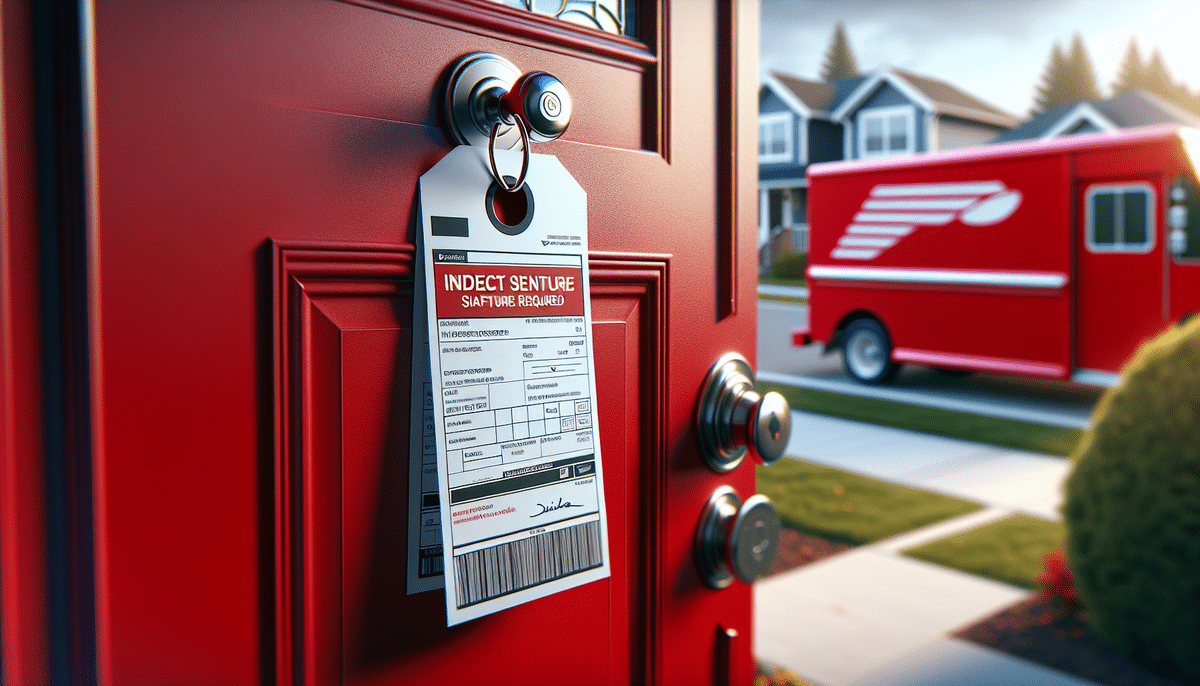 A red front door with a FedEx Door Tag attached to the handle indicates an indirect signature is required. In the background, a delivery truck is parked on a suburban street lined with houses and greenery.