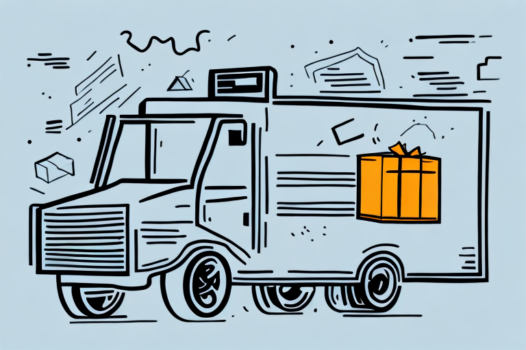 Illustration of a UPS delivery truck with a large orange gift box on its side, moving amidst abstract shapes and lines on a blue background, symbolizing efficient overnight letter shipping.