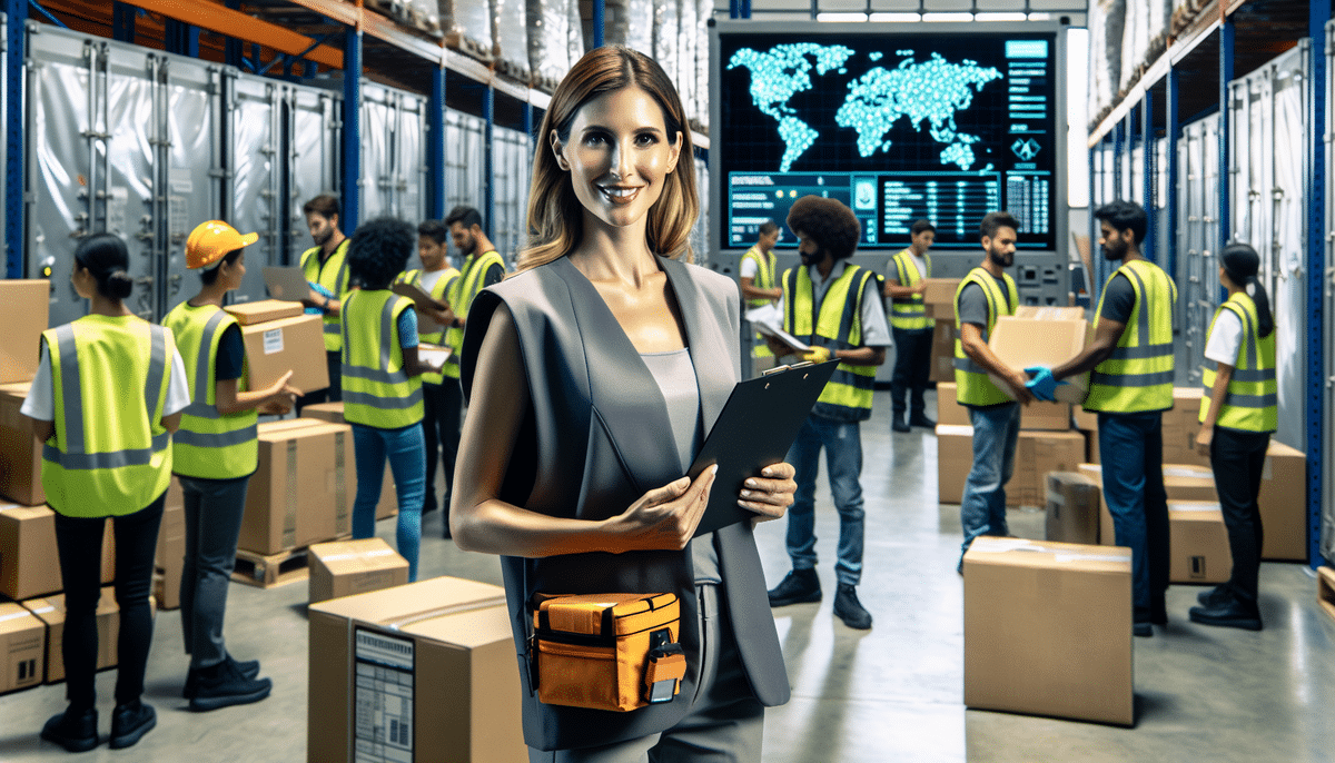 A woman with a clipboard smiles in the foreground of a warehouse. Behind her, a diverse group of UPS Express Critical workers in safety vests move boxes. A digital world map and data charts are displayed on large screens in the background, ensuring secure deliveries reach their destinations efficiently.