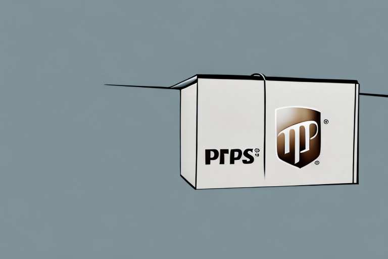 Illustration of a white UPS box with the text PRPS and a stylized logo on the side. The box, reflecting its maximum size, is suspended mid-air against a gray background, with a black line extending from one side.
