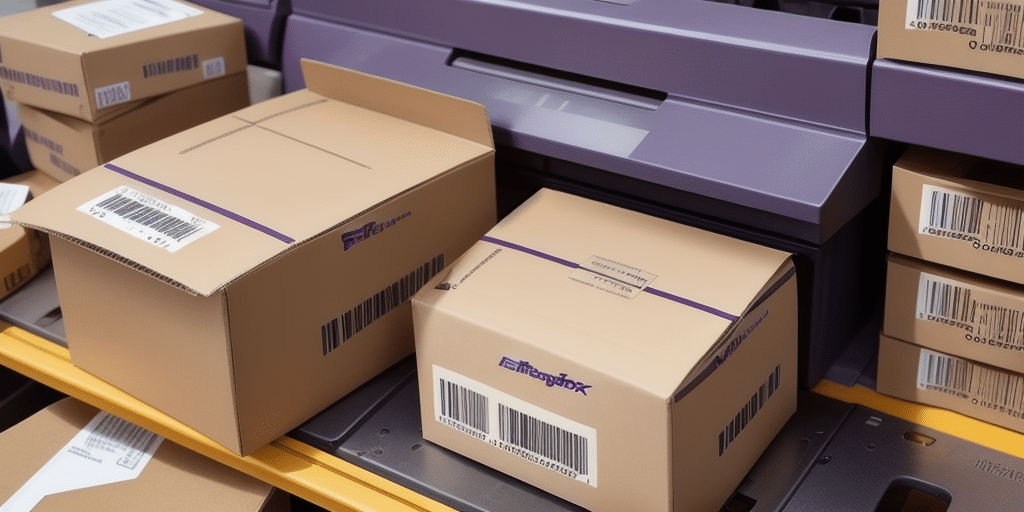 Cardboard boxes with shipping labels and barcodes are stacked in front of a purple conveyor machine. The packages are meticulously labeled for delivery, indicating an organized shipping process powered by FedEx Ship Manager.