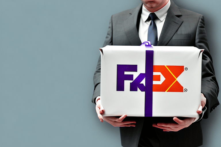 A person in a suit holding a gift-wrapped FedEx package with a purple ribbon stands against a plain background, ready to impress with Ground Reference efficiency.