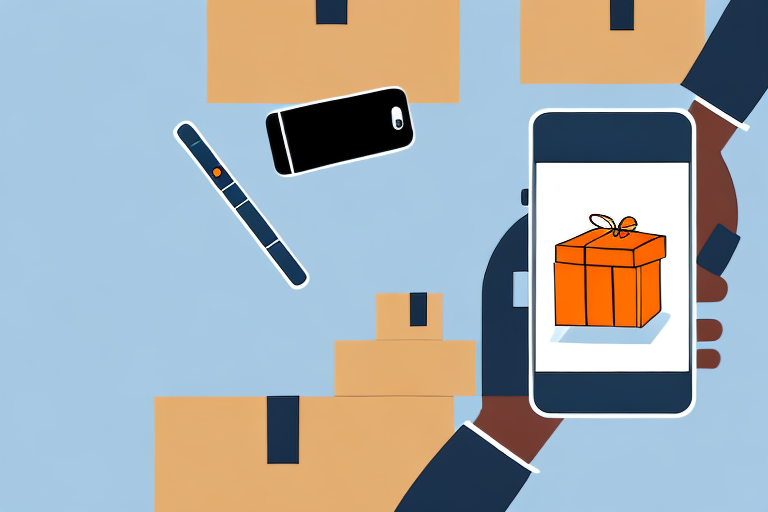 A person holds a smartphone displaying an image of a wrapped gift. Surrounding the phone are cardboard boxes and a stylus, suggesting Amazon customers eagerly tracking a lost package, all set against a light blue background.