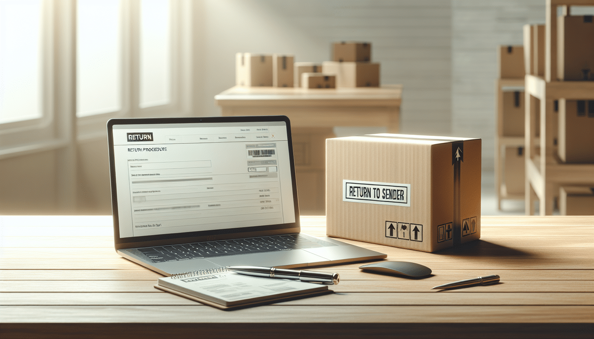 A laptop displaying a UPS Ground Return form is on a desk next to a cardboard box labeled Return to Sender. The desk also has a notebook, pen, pencil, and mouse. Shelves with more packages are in the background.