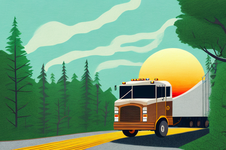 Illustration of a UPS truck operating along a road through a forest. The sun is setting or rising behind it, creating a glowing effect. Tall trees border the road, and wispy clouds are visible in the green and blue sky, capturing the enchanting serenity of weekends in nature.