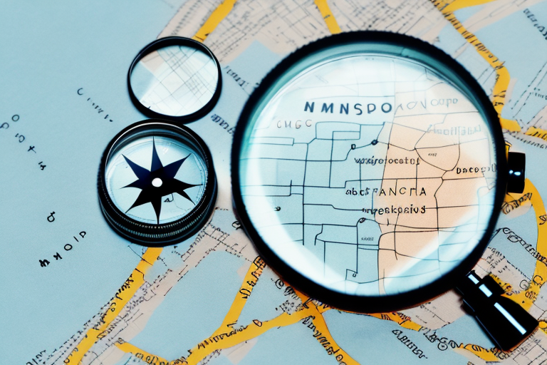 A map with a magnifying glass highlighting a detailed section, alongside a compass, guides you like USPS tracking your insured package. The roads and city names in Cyrillic script focus on a central area, ensuring precise navigation.