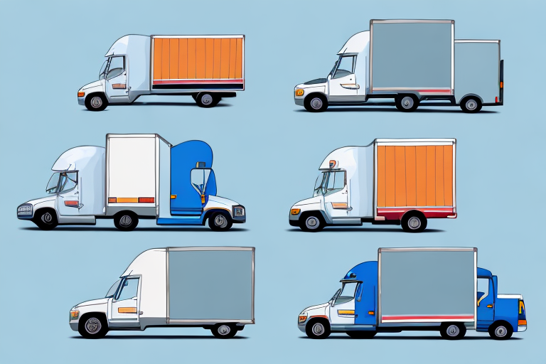 Illustration of six varied delivery trucks on a light blue background, highlighting the efficiency of delivery services. Each truck displays distinct designs and color schemes, with white, blue, gray, and orange sections. The side-view arrangement in two rows showcases their readiness for urgent demands like FedEx Overnight.