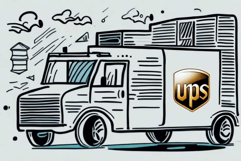 Illustration of a stylized delivery truck with a UPS logo on the side, set up in an artistic, sketchy manner. The truck is part of the dynamic scene with clouds and arrows in the background, symbolizing its journey powered by UPS WorldShip logistics.