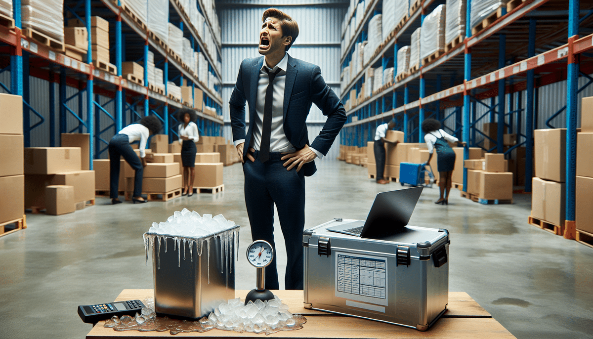 A frustrated man in a suit stands with hands on hips in a warehouse, grappling with the 2023 shipping challenges. Behind him, workers organize boxes on shelves. In front, a table holds a bucket of ice with a clock, a metal case, and a laptop amidst the ongoing dry ice shortage.