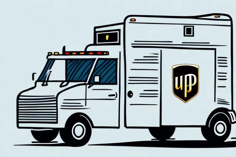 Illustration of a delivery truck with a logo featuring the letters up on its side. Styled in a simplified, cartoon-like manner with minimal details, it humorously hints at UPS fees and customs clearance processes.