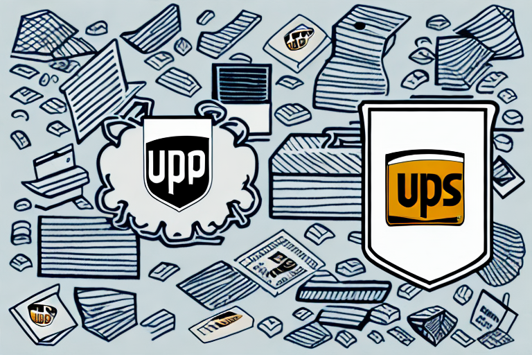 Illustration of two similar shields, one labeled UPP and the other UPS, surrounded by scattered sheets of paper and boxes. The cartoonish, chaotic design hints at a mix-up theme, as if debating the best shipping option like UPS Next Day Air Saver amidst the frenzy.