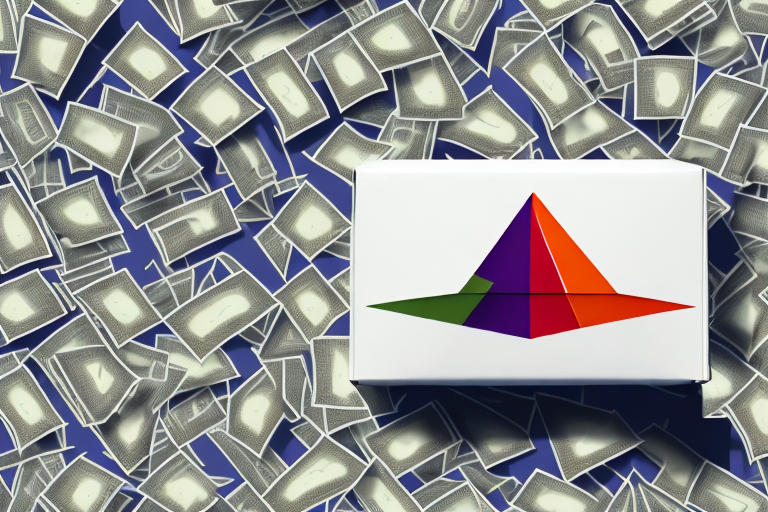 A box with a colorful geometric design on the lid sits amid a sea of scattered dollar bills, highlighting the cost of FedEx Express Shipping.