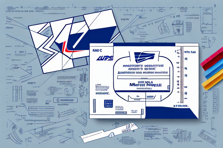 A blueprint-style design showcases USPS package dimensions through diagrams and sketches of geometric shapes and envelopes. The detailed envelope design, adorned with blue and red accents on a blue background, features colorful paper strips on the side for a deeper understanding.