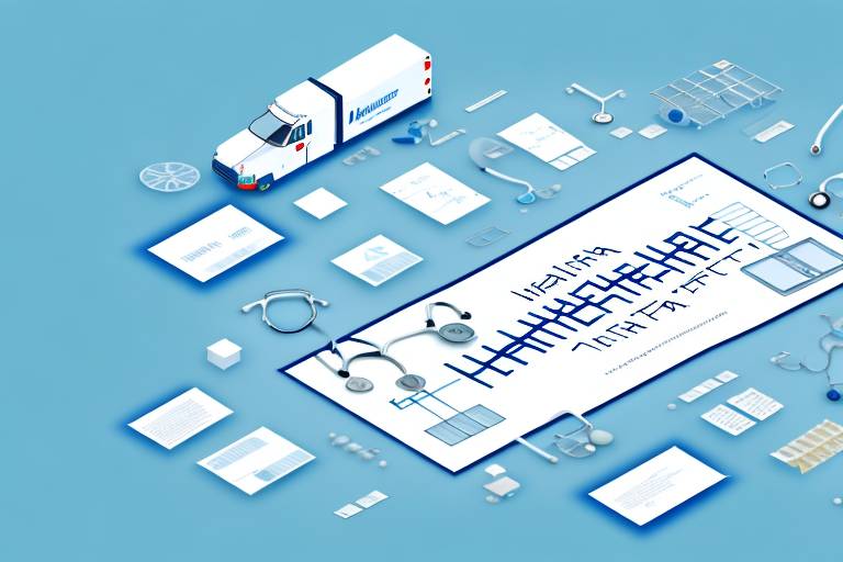 Illustration of medical supplies, documents, stethoscopes, a blood pressure cuff, and an ambulance on a blue background. Theyre arranged around a board displaying a complex network of healthcare logistics and data diagrams that highlight the efficiency in patient care management.