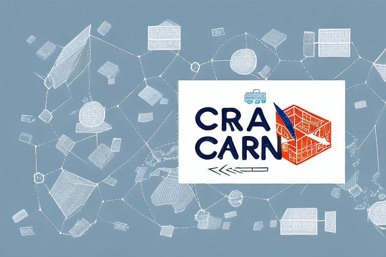 Geometric shapes and lines create a network pattern on a blue background. A white rectangle displays the text CRA CARN, highlighting the importance of supply chain management with a red, cube-like design and small icons of vehicles.