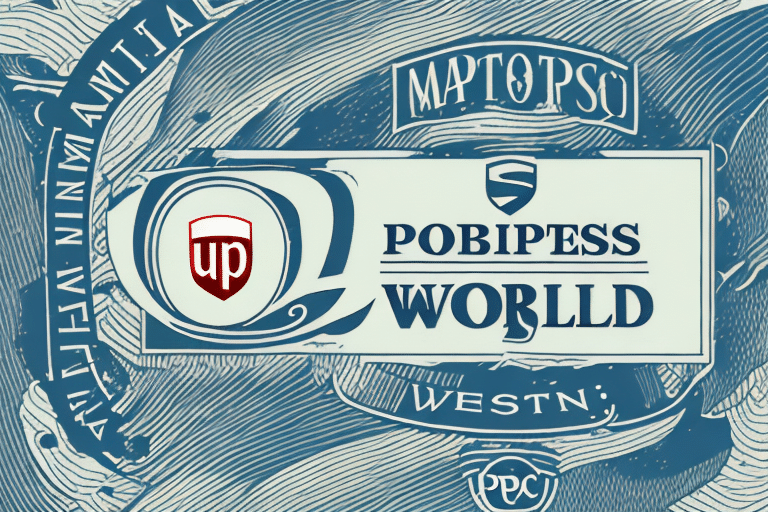 The artistic rendering features a retro-style abstract map adorned with decorative letters and symbols. At its center, POBIPESS WORLLD is displayed in a classical font. A shield with up, reminiscent of UPS WorldShip labels, prominently stands on the left side. The overall color palette is blue.