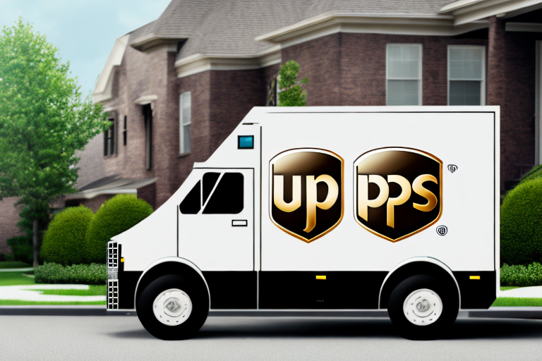 A delivery van with a logo resembling up pps is parked on a residential street with brick houses and green hedges in the background, perhaps making a Saturday UPS Deliver to eager residents.
