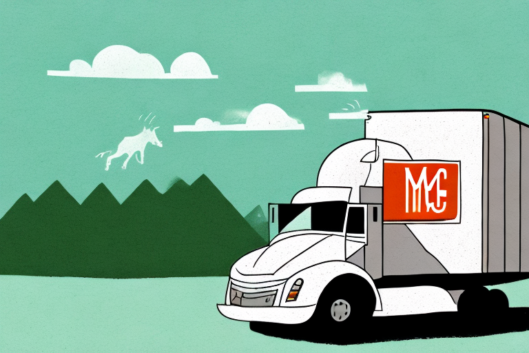 Illustration of a white delivery truck with an MG logo parked in front of green mountains and a turquoise sky. A whimsical white unicorn leaps over the mountains, while fluffy clouds float in the sky, capturing the essence of free economy shipping magic.