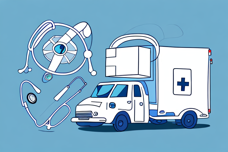 Illustration of a white ambulance with a medical cross, resembling a medical courier vehicle, surrounded by oversized tools like a stethoscope, syringe, and thermometer on a light blue background.