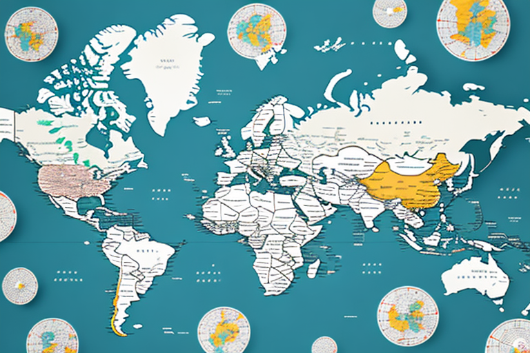 A world map divided into large puzzle-like pieces highlights international shipping routes, with regions like parts of Asia in yellow. Surrounding the map are detailed circular insets. The teal background sets off these UPS-inspired features, making it perfect for tracking your shipping costs globally.
