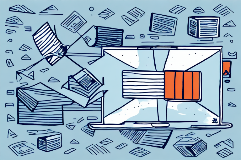 Illustration of an open laptop surrounded by floating papers, set against a blue background. The screen displays text with an orange section highlighted, suggesting a digital workspace, much like navigating Amazons international shipping options or learning how to use their features effectively.
