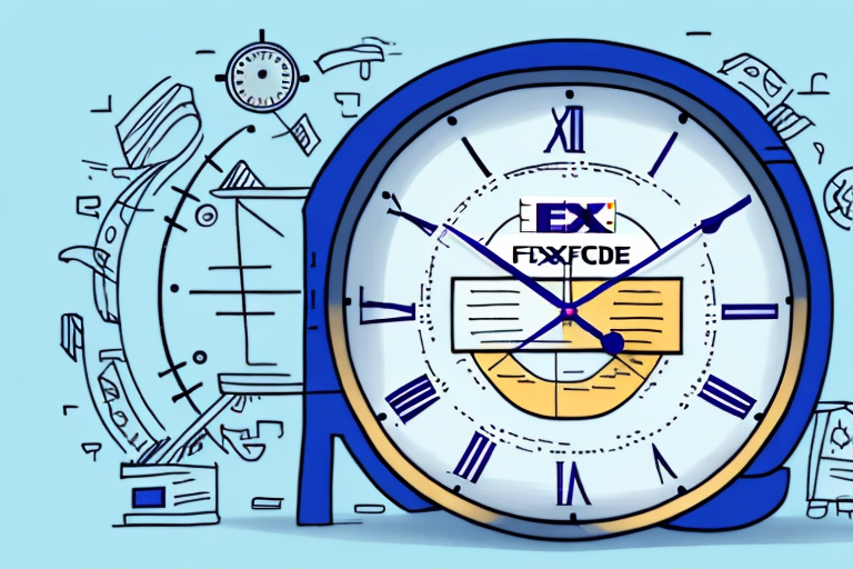 Illustration of a blue clock with Roman numerals and abstract symbols. A book design, labeled Fix Code, rests inside the clock face. The background is light blue, scattered with clock gears and tech-themed elements, evoking thoughts of delayed deliveries sometimes experienced with FedEx.