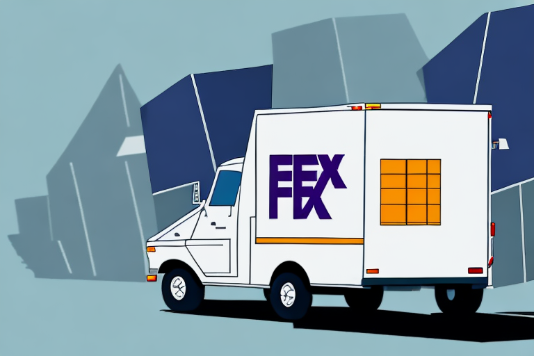 Illustration of a white delivery truck with FEX on the side, reminiscent of FedEx, driving through an abstract cityscape with angular, dark blue buildings in the background. The scene captures the dynamic energy of moving packages swiftly, even on Sundays.