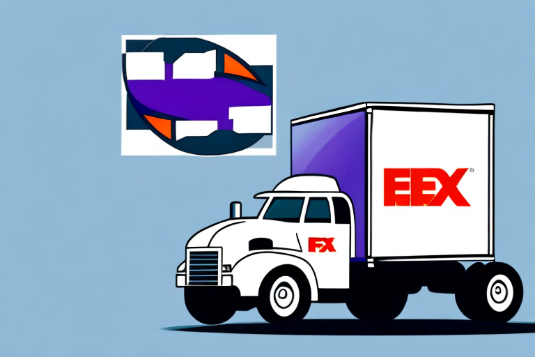 Illustration of a delivery truck with FEX branding, reminiscent of FedEx, parked beside a distorted, unrecognizable logo on a light blue background.