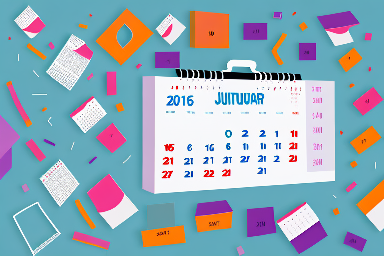 Illustrated calendar page for January 2016, surrounded by colorful, abstract paper-like elements in pink, orange, and purple on a blue background. Various geometric shapes, including squares and rectangles, add a playful touch. Perfect for organizing an effective delivery schedule with style.