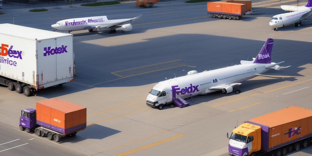 A bustling airport tarmac features three FedEx airplanes and several FedEx trucks, prominently displaying HaleX and Millifenc logos. This lively scene showcases logistics and cargo transportation in action, perfectly managed with the help of FedEx Ship Manager for seamless support.