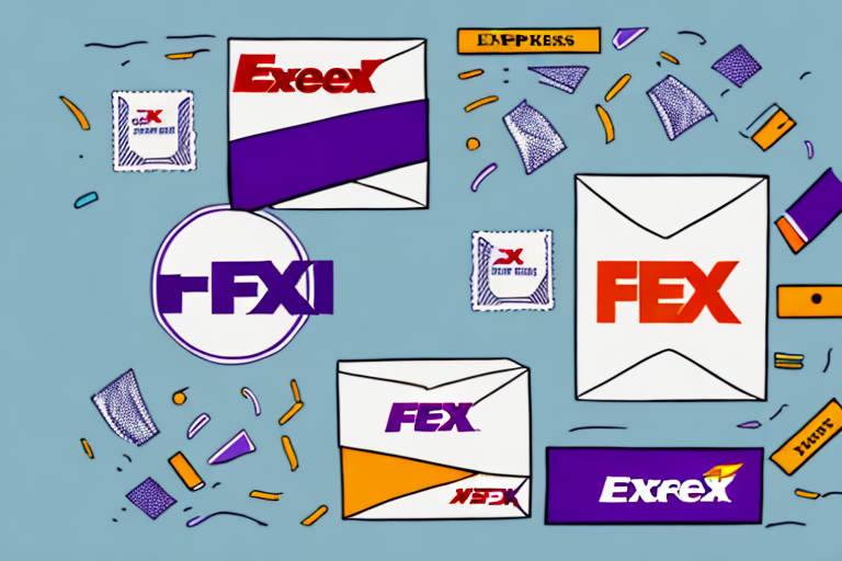 An illustration of various envelopes and packaging labeled with fictional delivery service logos, including FEX and Exeex, among others, on a blue background with scattered confetti-like shapes, evokes the dynamic vibe of Express Saver options amidst vibrant shipping experiences.