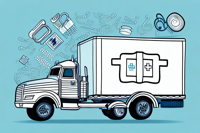 Illustration of a large medical supply truck with a healthcare symbol on its side, exemplifying effective strategies in transporting medical supplies. Above the truck, various items like pills, stethoscopes, and bandages float against a blue background.