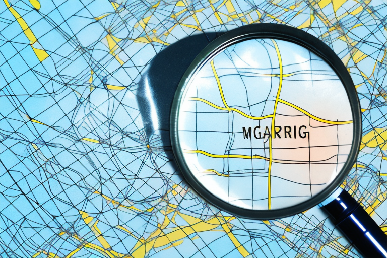 A close-up view of a city map, with a magnifying glass focusing on the word MGARRIG. The map features yellow and blue lines representing roads and boundaries, much like how you track your USPS package journey effortlessly.