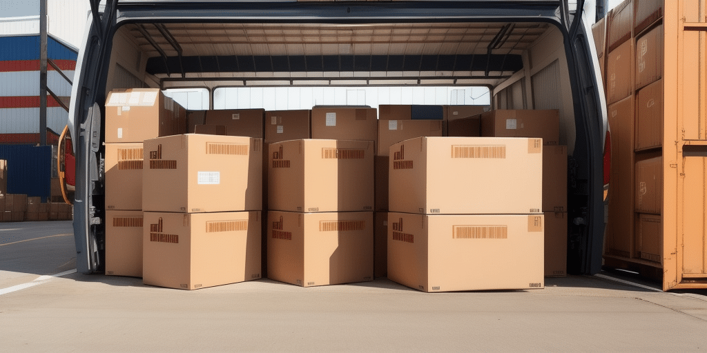 An open truck, managed via UPS Worldship, is loaded with large brown cardboard boxes in an industrial area. In the background, vibrant panels adorn a building alongside shipping containers.