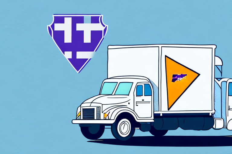 A stylized illustration of a white delivery truck evokes the classic FedEx design, with a large cab and boxy rear. The truck features a yellow triangle with a purple emblem on it. A separate purple and white emblem floats above against the light blue background.