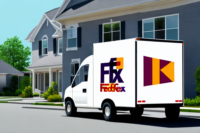 A FedEx delivery truck is parked in a residential neighborhood. The truck features colorful, overlapping letters and shapes on its side. Its positioned in front of a gray house with white trim, bright sunlight casting shadows on the scene.