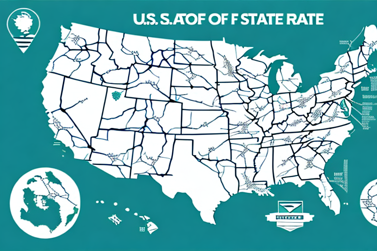 Map of the contiguous United States with abstract lines representing roadways, and Zip Code regions highlighted. Includes Alaska and Hawaii in insets. Title reads U.S. State Rate. Background is teal, labels are in white and black, hinting at USPS Shipping Rates across states.