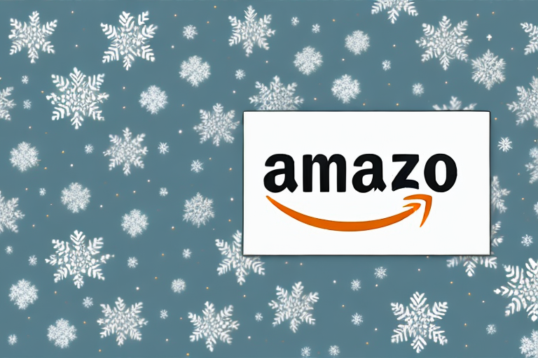 A partial logo with the text amazo and an orange curved arrow resembling a smile adorns a blue background with white snowflakes scattered across it, evoking the warmth of discovering Amazon closed on Christmas for family togetherness.