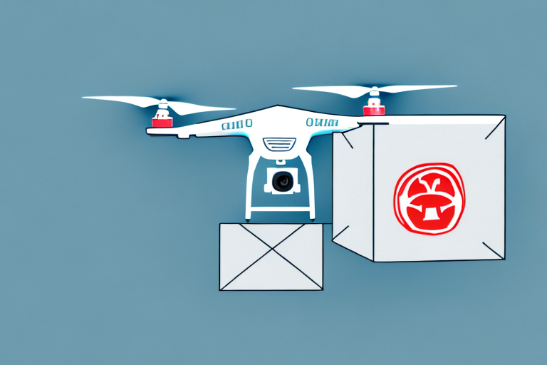A white drone, potentially addressing a package delivery problem, is carrying two parcels with red symbols on a blue background. Its front camera scans for any missing package issues.