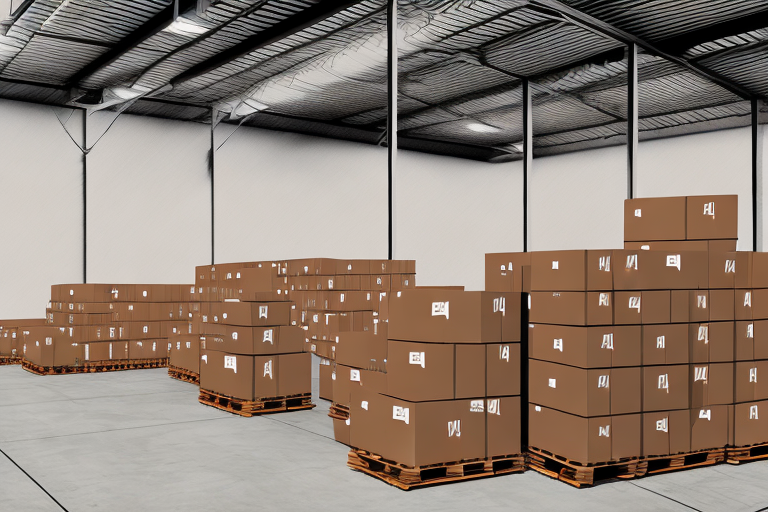 A warehouse interior with stacks of brown cardboard boxes on wooden pallets awaits, primed for dispatch at cheaper shipping rates. The ceiling features metal beams and insulation, while the concrete floor gleams brightly, conveying a sense of organization and scale.
