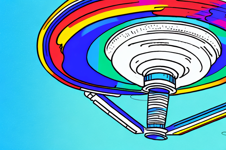 A colorful, stylized drawing of a spinning top in motion against a blue background, akin to how DIRECTV spins innovative ideas for improving customer retention. The top boasts vibrant colors like red, purple, green, and yellow, with dynamic lines indicating movement and a circular pattern on its surface.