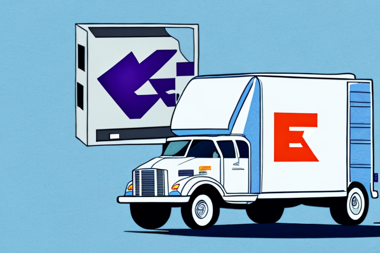 Illustration of a moving truck with a large stylized E logo, parked beside a tall building. The building features a purple arrow symbol on it, hinting at FedEx shipping, and the background is solid light blue.