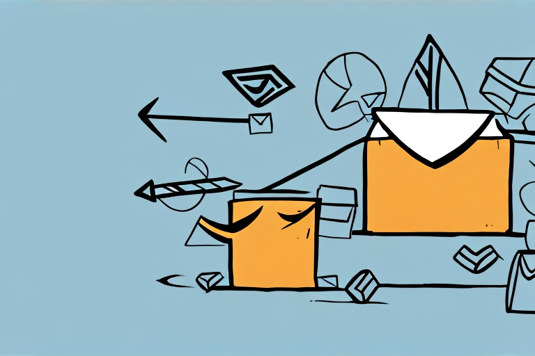 Illustration of two yellow envelopes on a blue background with abstract black and white arrow and geometric shapes, subtly suggesting the process of Amazon Returns or sending messages.