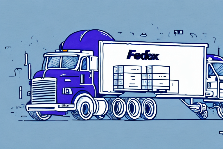 A stylized image of a FedEx delivery truck with a large logo on its side. It resembles a sketch or art illustration, set against a light blue background. The truck, in shades of blue and outlined in white, appears seamlessly connected to Blue Yonder WMS for efficient logistics.