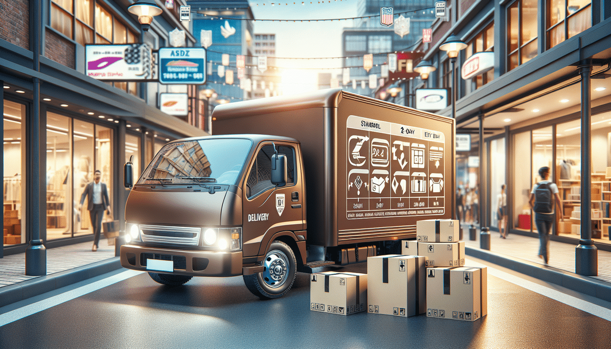 A UPS delivery truck is parked on a bustling shopping street at dusk, surrounded by stacked cardboard boxes. Brightly lit storefronts line the street, showcasing various products as people stroll by under colorful signs and lights, reflecting the efficiency of UPS Delivery Services.