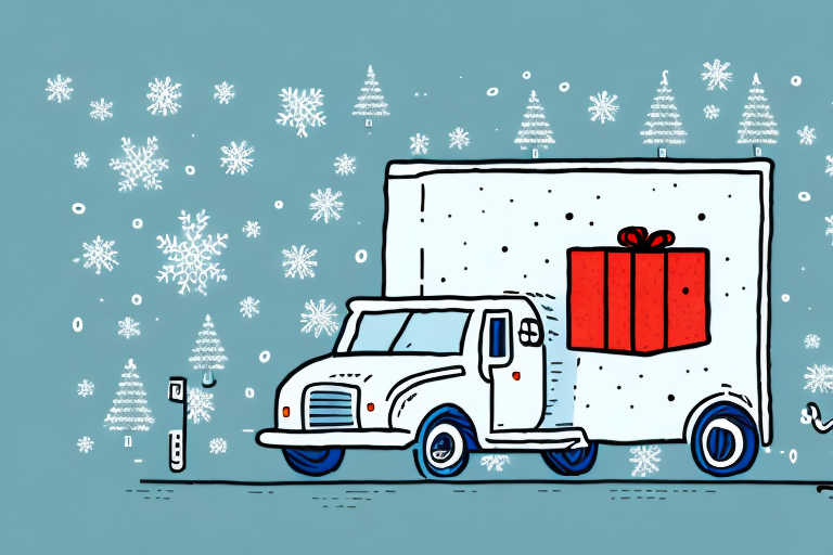 Illustration of a white delivery truck with a large red gift box on its side, driving through snowflakes. The background is teal with white tree silhouettes, conjuring the festive spirit of an Amazon delivery on Christmas Eve.
