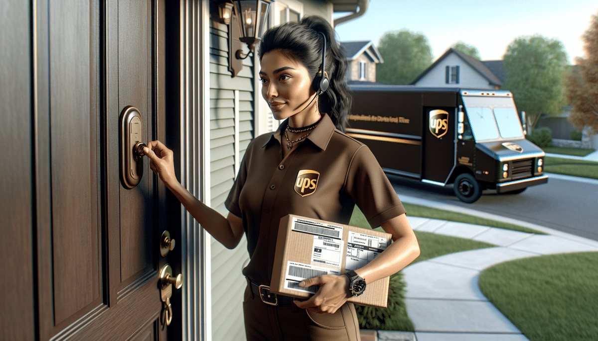 A UPS delivery person in a brown uniform and headset stands at a front door, holding a Next Day Air Residential package. A UPS truck is parked on the street in this suburban neighborhood.