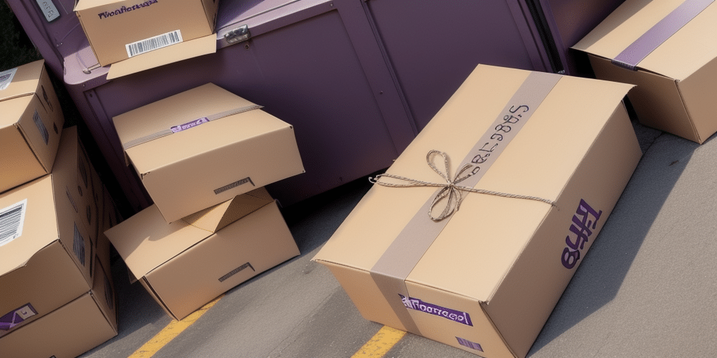 Several cardboard boxes, some open, are stacked near a large purple container outdoors. One box has a rope tied around it. The scene suggests moving or shipping, possibly using FedEx Ship Manager to add a return address for easier tracking and delivery.